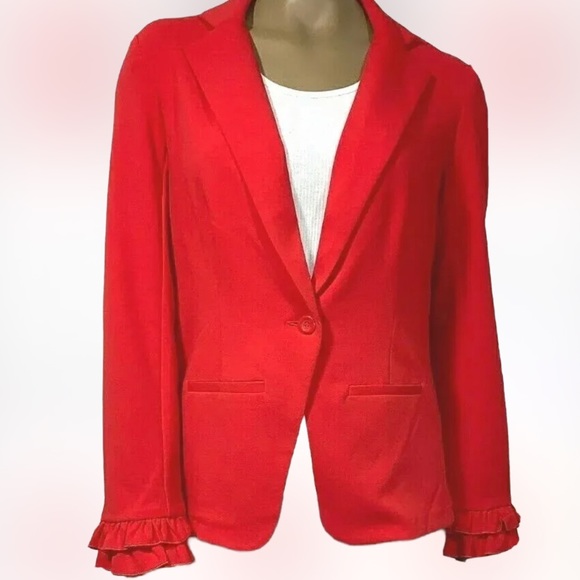 SOHO New Red 🌹 ❤️Blazer Long Sleeves w/Beautiful Feminine Ruffles At Wrist SZ L - Picture 2 of 9